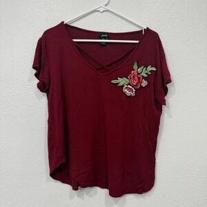 Justify Burgundy V Neck Embellished Floral Short Sleeve T Shirt‎ Women's Large
